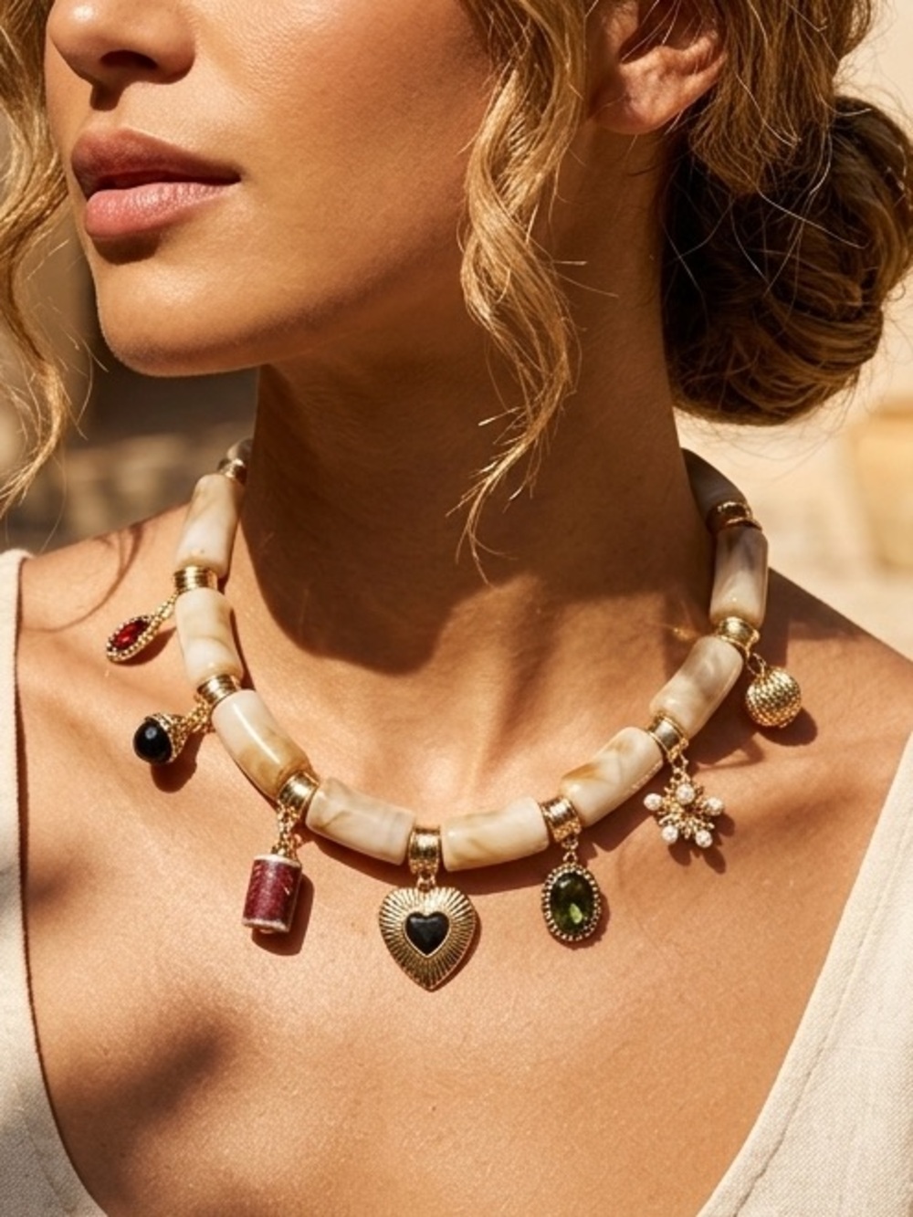 Vintage Gold Marbled Resin Charm Choker Necklace • Eclectic Heart Statement